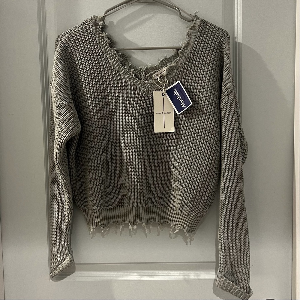 Grayish Blue Distressed V-Neck Sweater